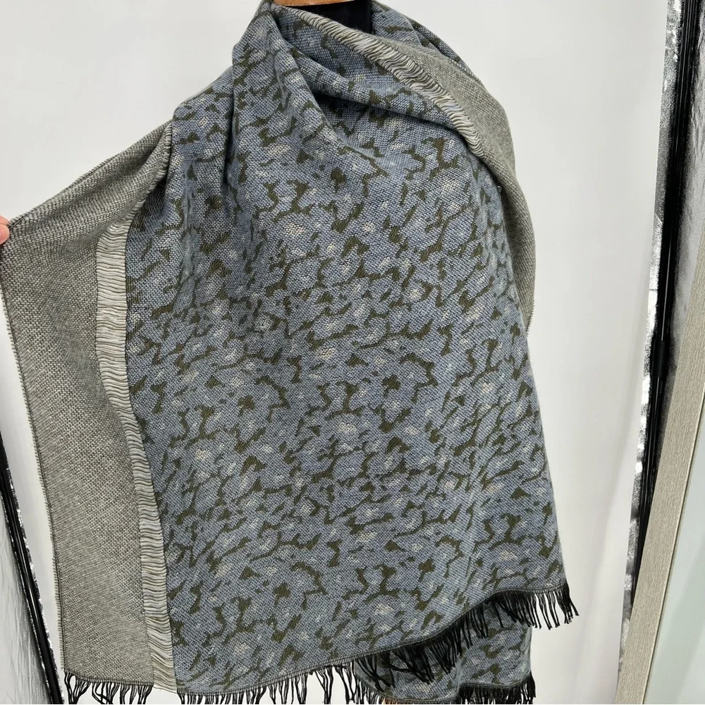 Anthropologie Green Blue Patterned Blend Fringe‎ Scarf